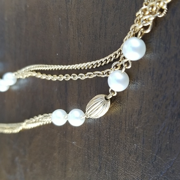 Faux Pearl Flapper Length Gold Tone Costume Double Chain Necklace 52" - Picture 2 of 6